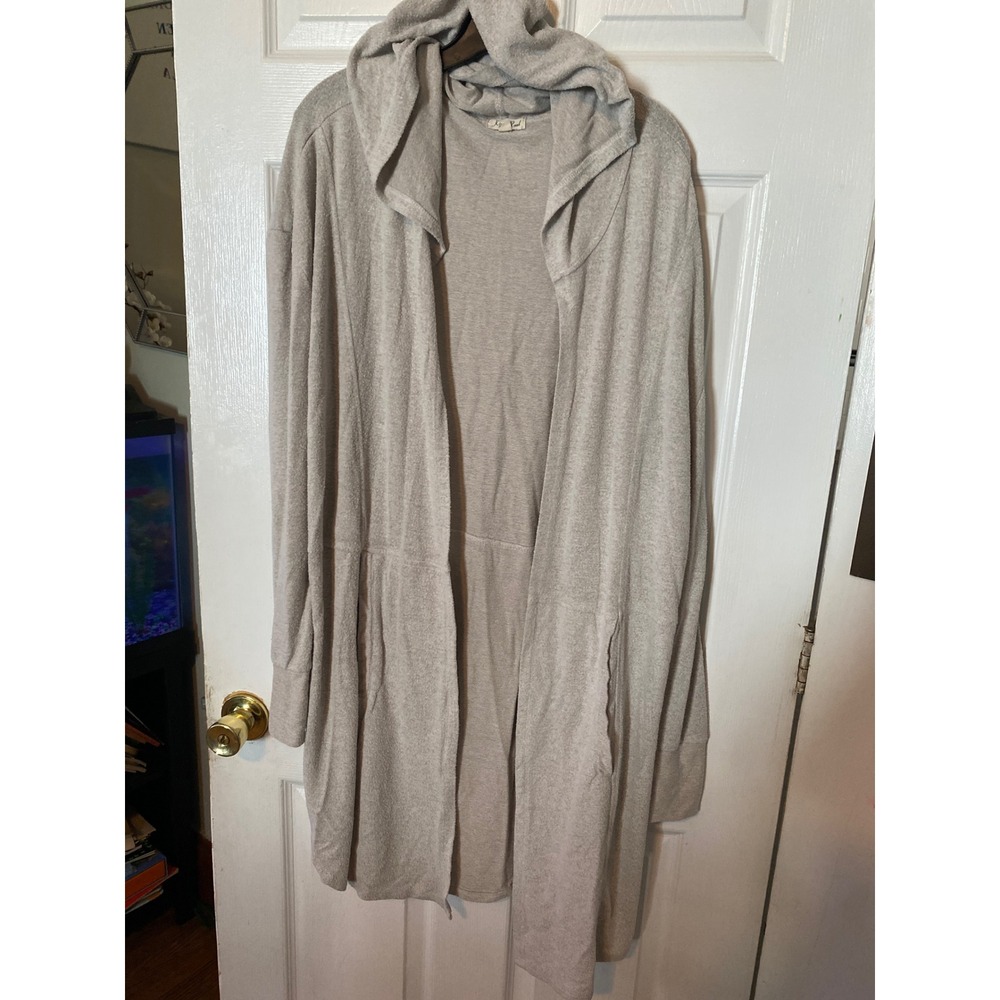 Kings Road Womens 2X Open Front Hooded Cardigan Oatmeal Heather Gray Longline